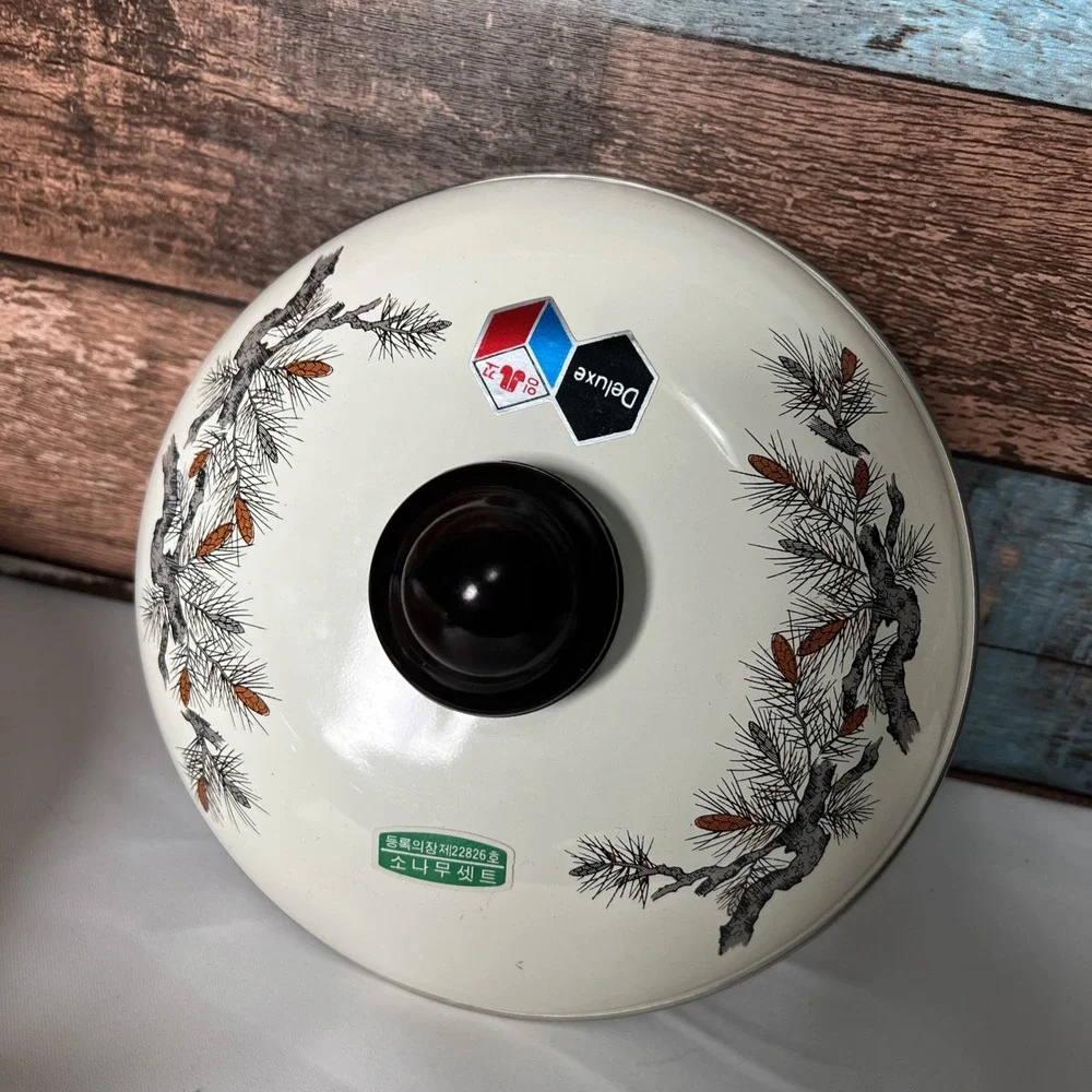 Vintage Enamel Cooking Bean Pots‎ With Lids Douglas Fir Pine Cone Design